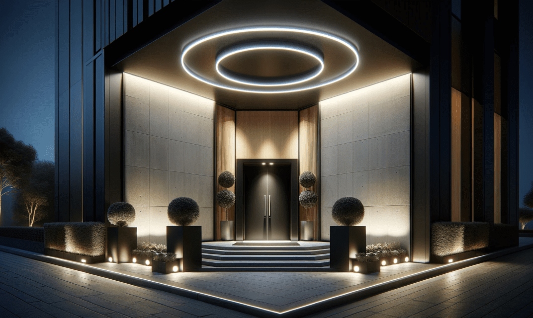 Над входом в готель світить два світильники BUBBLE а також сходинки висвітлюють точкові світильники RINO R, обидва види світильника від компанії meregat.