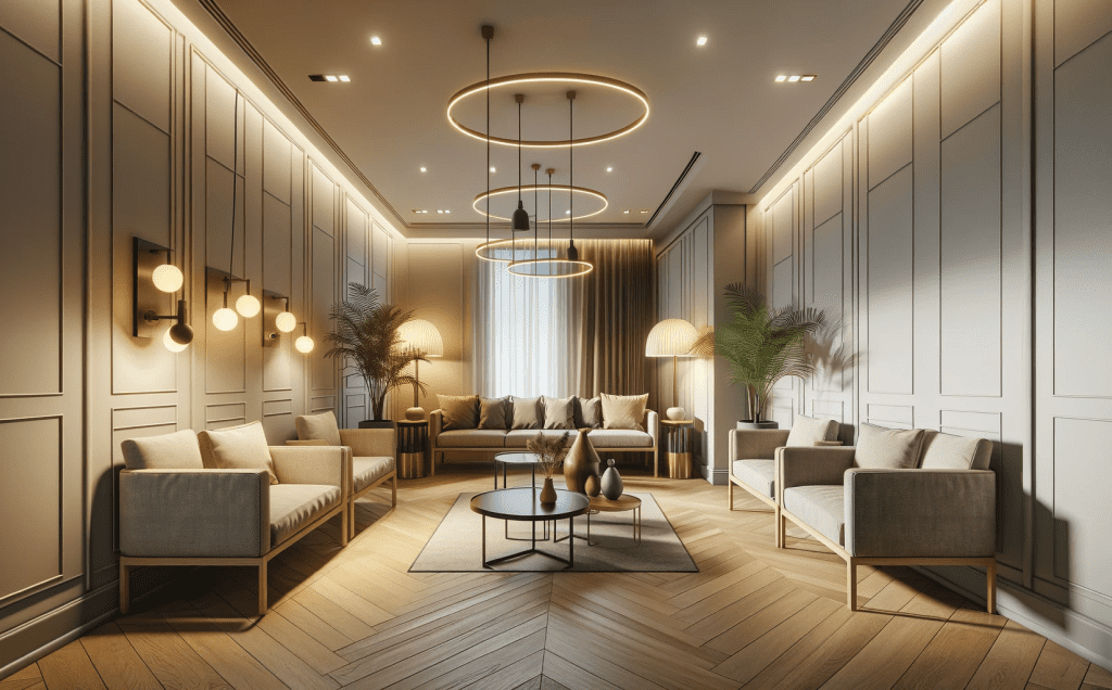 Відпочинкова зона для готелю, освітлена теплим світлом за допомогою круглого порожнього світильника BUBBLE від компанії виробника світлодіодного обладнання meregat.