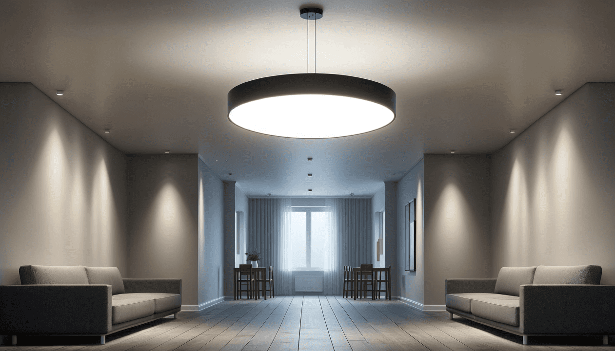 Холл готелю де розташований світлодіодный круглий світильник UMBRELLA від компаніі виробника світильників meregat