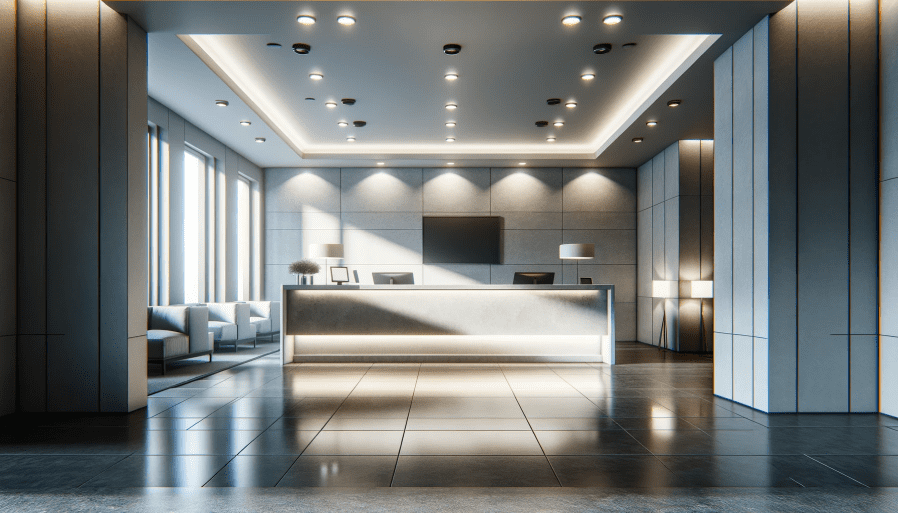 Ресепшини готелю, де основним джерелом світла є точкові світильники PILL від компанії виробника світлотехніки meregat.