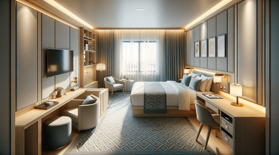 Кімната в готелі освітлена за допомогою точкових світильників від компанії meregat.